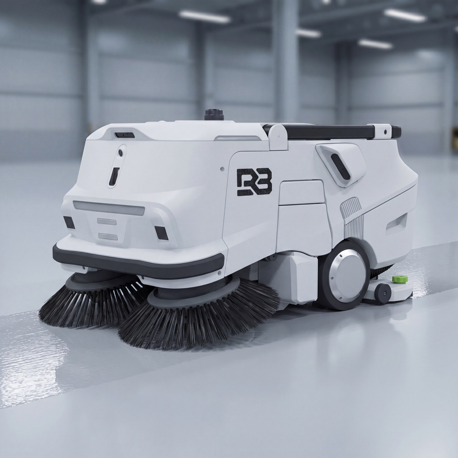 RomeBotics autonomous floor-cleaning robot in an industrial facility.