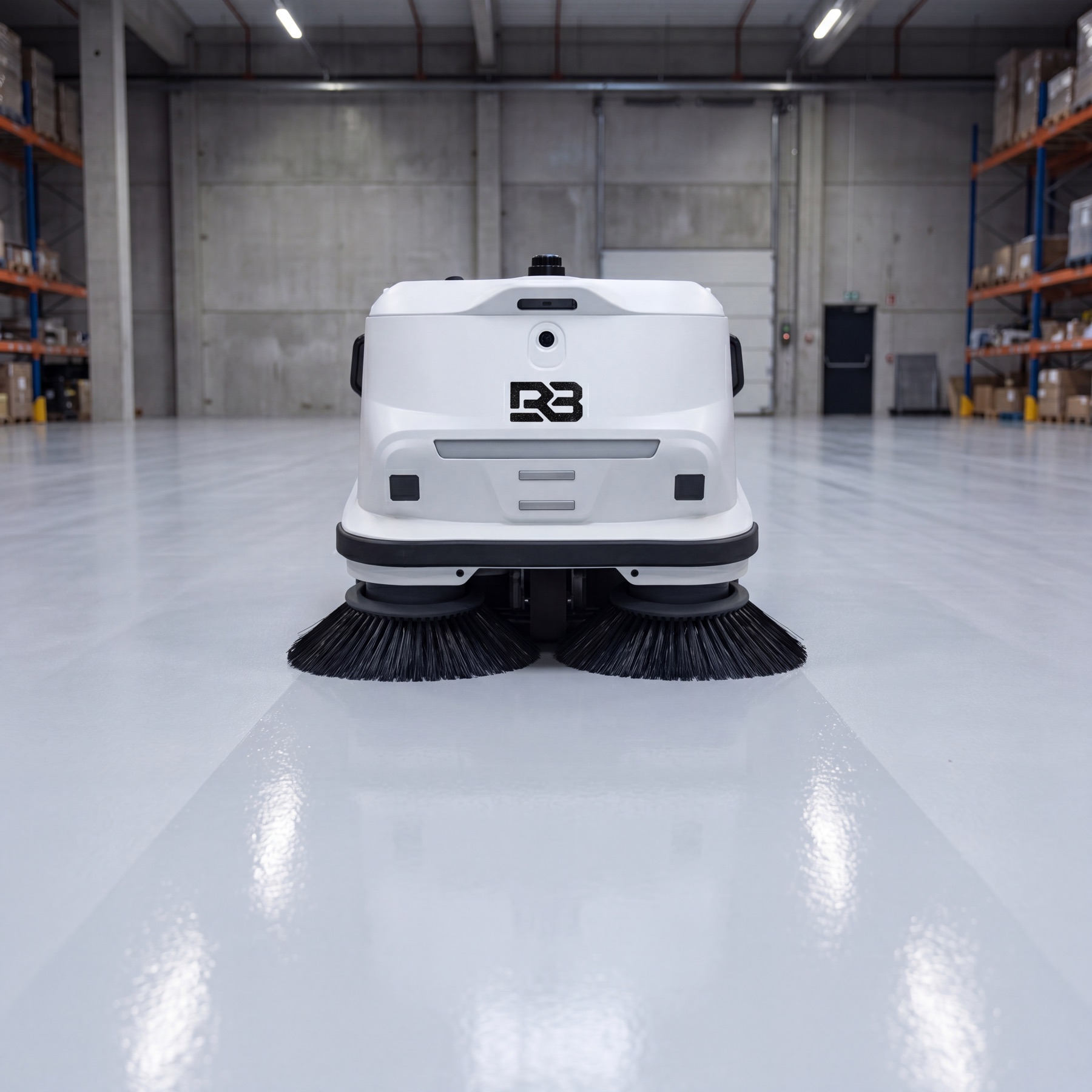 RomeBotics autonomous floor cleaner approaching on a polished industrial floor.